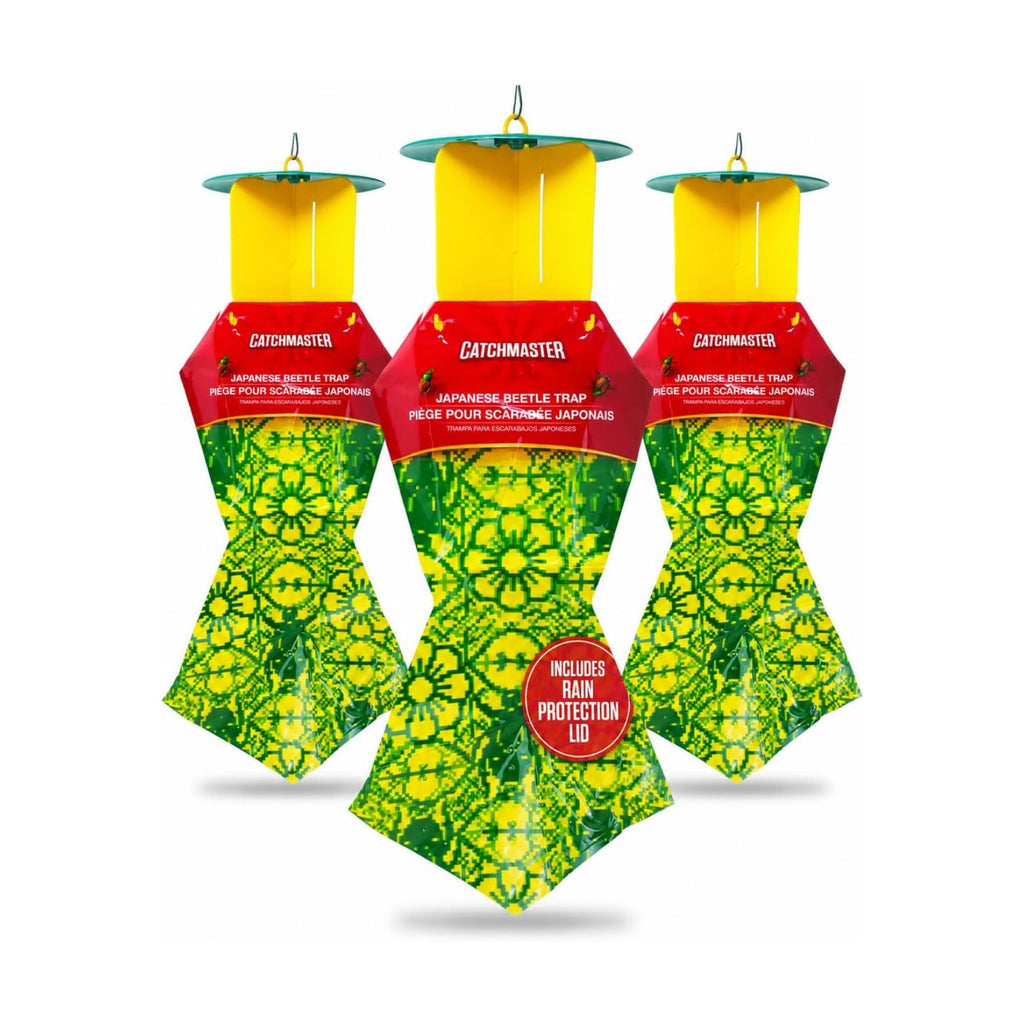 Catchmaster Japanese Beetle Traps w/Rain-Proof Cap 3-Pack & Dual Lure, Beetle Bag Trap, Hanging Beetle Catcher, Pest