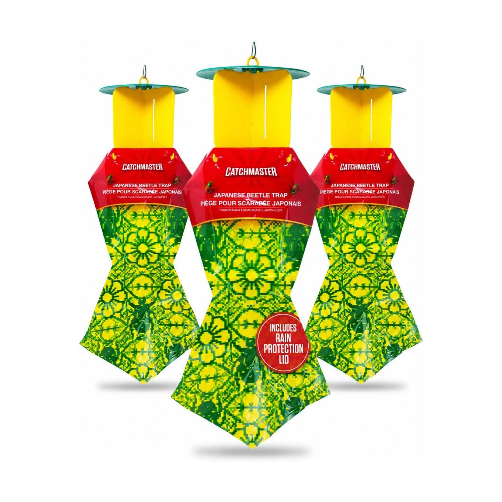 Catchmaster Japanese Beetle Traps w/Rain-Proof Cap 3-Pack & Dual Lure, Beetle Bag Trap, Hanging Beetle Catcher, Pest