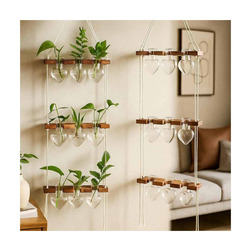 Leinuosen Wall Hanging Plant Propagation Stations Mother Gifts for Her Plant Lovers 3 Tiered 9 Heart Shaped Glass Vases Terrarium with Wooden Stand for Hydroponics Indoor Garden Home Decor(Clear)