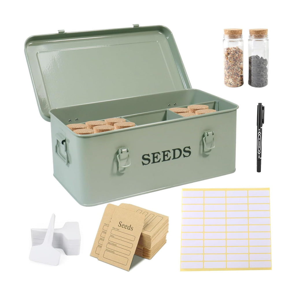 Seed Storage Organizer, 4 Compartment Seed Storage Box with Safety Lock, Metal Seed Box Seed Packet Container with 1 Pen, 12 Slots, 20 Plant Labels & 30 Seed Envelopes, Green Gardening Gift
