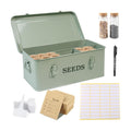 Seed Storage Organizer, 4 Compartment Seed Storage Box with Safety Lock, Metal Seed Box Seed Packet Container with 1 Pen, 12 Slots, 20 Plant Labels & 30 Seed Envelopes, Green Gardening Gift