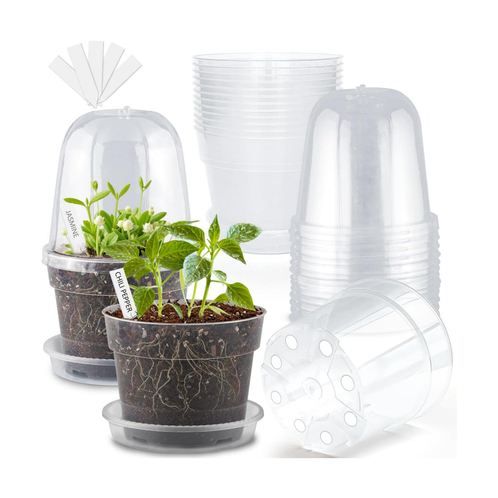BTPLASTIK 6 Inch Clear Nursery Pots with Humidity Domes 15 Pack, Transparent Plastic Plant Pot with Drainage Holes and