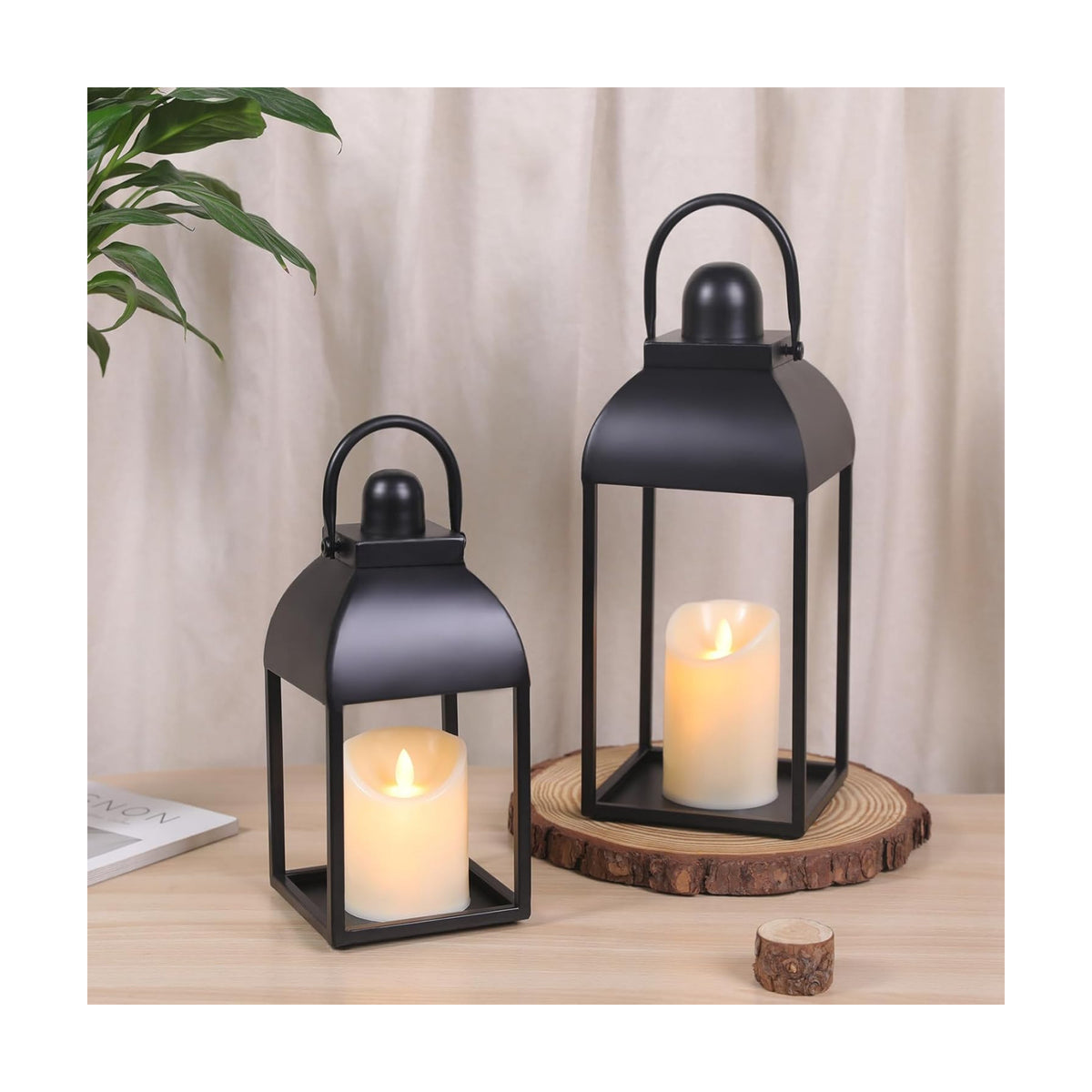 Lanterns Decorative Indoor 15" 11" Set of 2 Black Metal Lantern with Candle