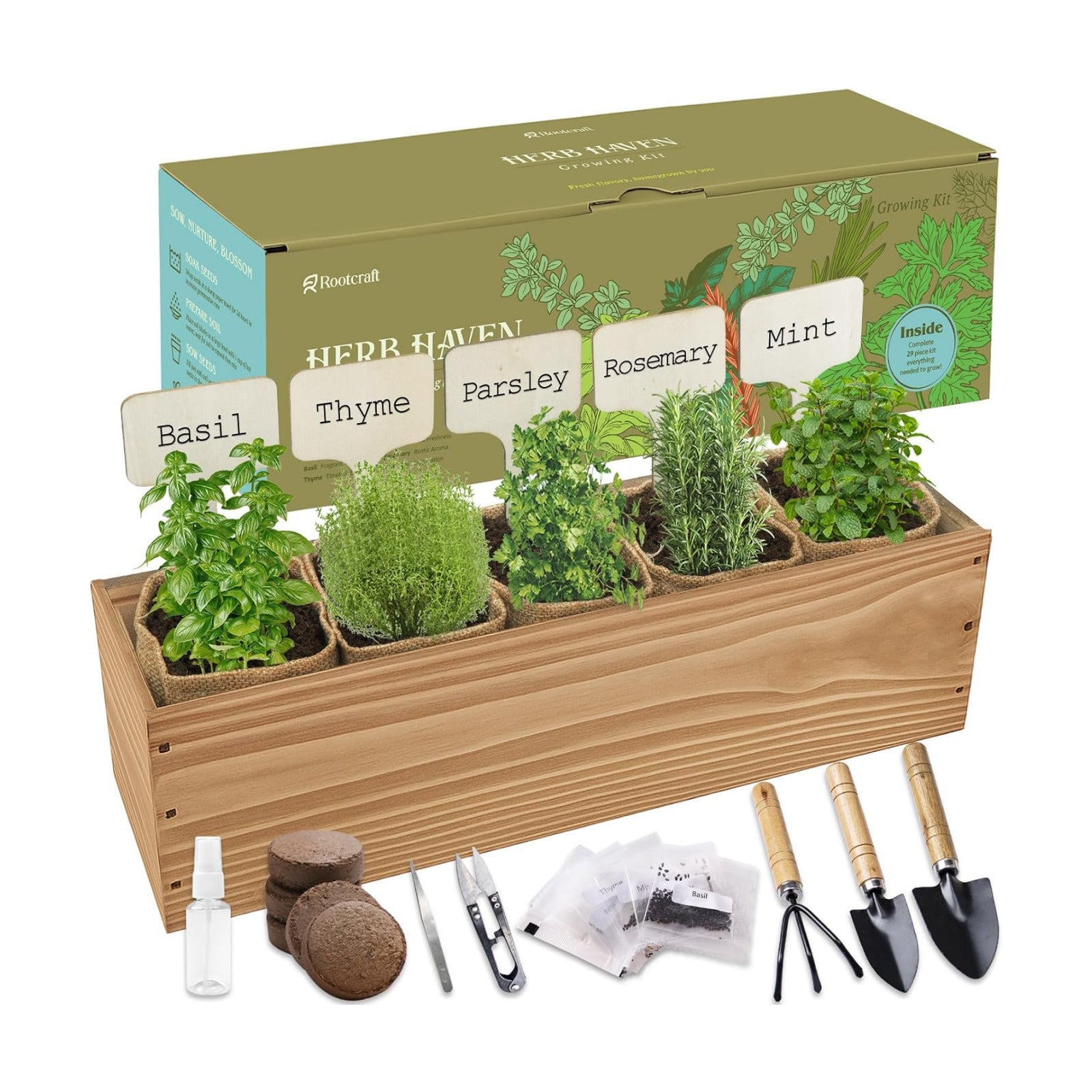 5 Herb Garden Planter Indoor with Wooden Box, Home Kitchen Seed Starter Kit Including Basil, Thyme, Parsley, Rosemary