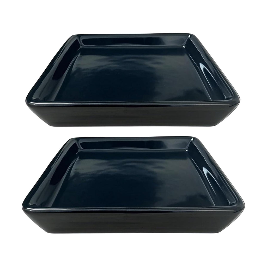 Square Ceramic Plant Saucer Tray 2 Pcs 5 6 Inch Black, 6.6" OD x5.5 ID x1.1 Deep, Sturdy Heavy Duty Glazed Planter Drip