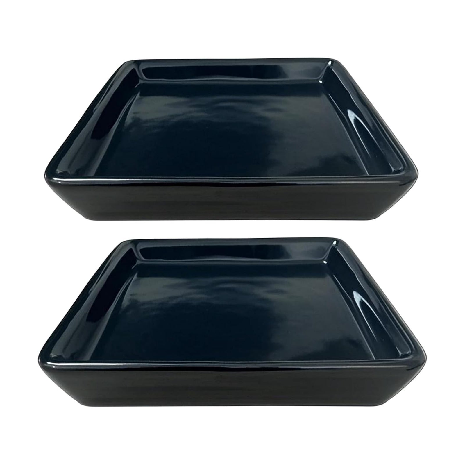 Square Ceramic Plant Saucer Tray 2 Pcs 5 6 Inch Black, 6.6" OD x5.5 ID x1.1 Deep, Sturdy Heavy Duty Glazed Planter Drip