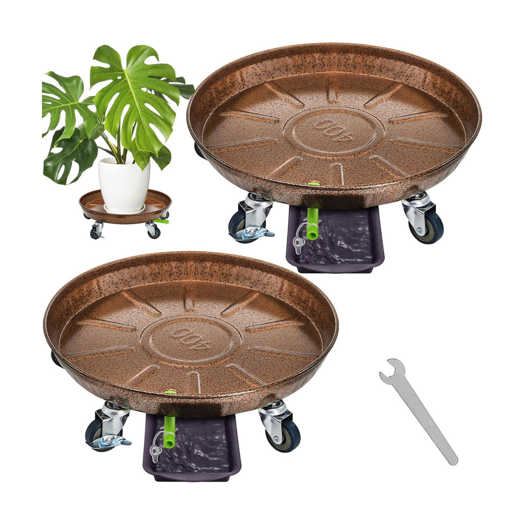 2 Pack Heavy Duty Plant Caddy, 16 Inch | Metal Rolling Plant Stand with Lockable Wheels, Drainage Tray, Round Pot