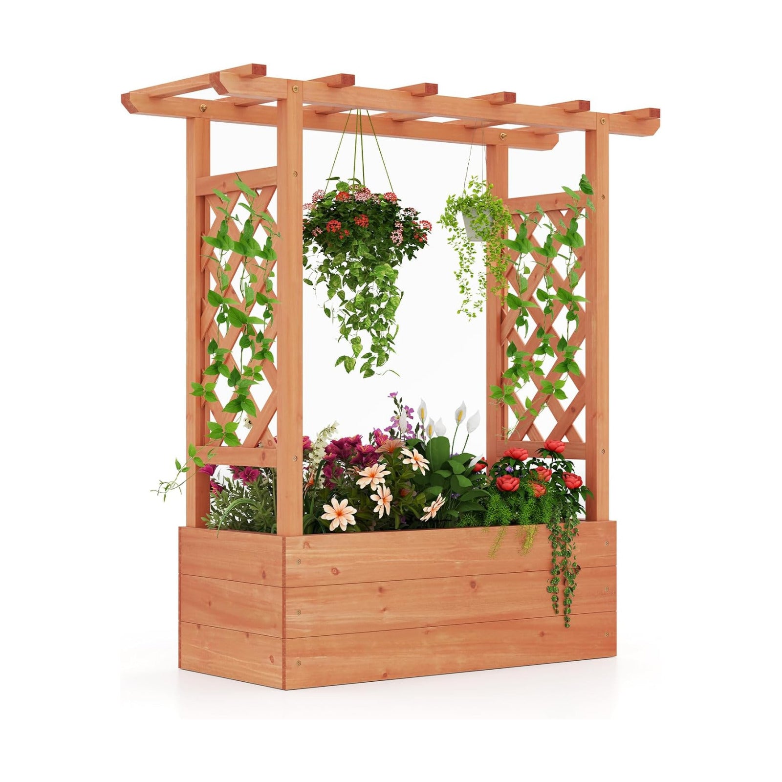 HAPPYGRILL Raised Garden Bed with Trellis & Hanging Roof, Drainage Holes | Wooden Elevated Planter Box w/Removable