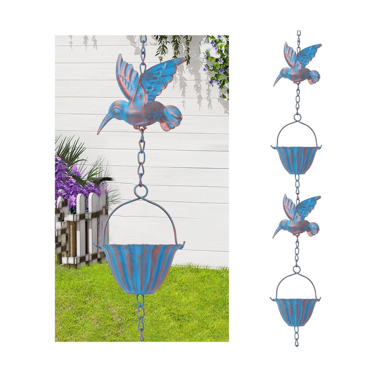 7.8 FT Rain Chain,Rain Chains for Gutters & Outside | 8 Hummingbird & 7 Metal Lotus Cup Rain Catcher,Decorative &