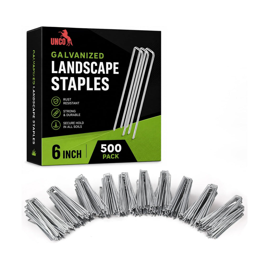 UNCO- Galvanized Landscape Staples, 6 Inch, 500 Pack, Garden Staples, U-Shaped Landscape Pins for Weed Barrier Cover