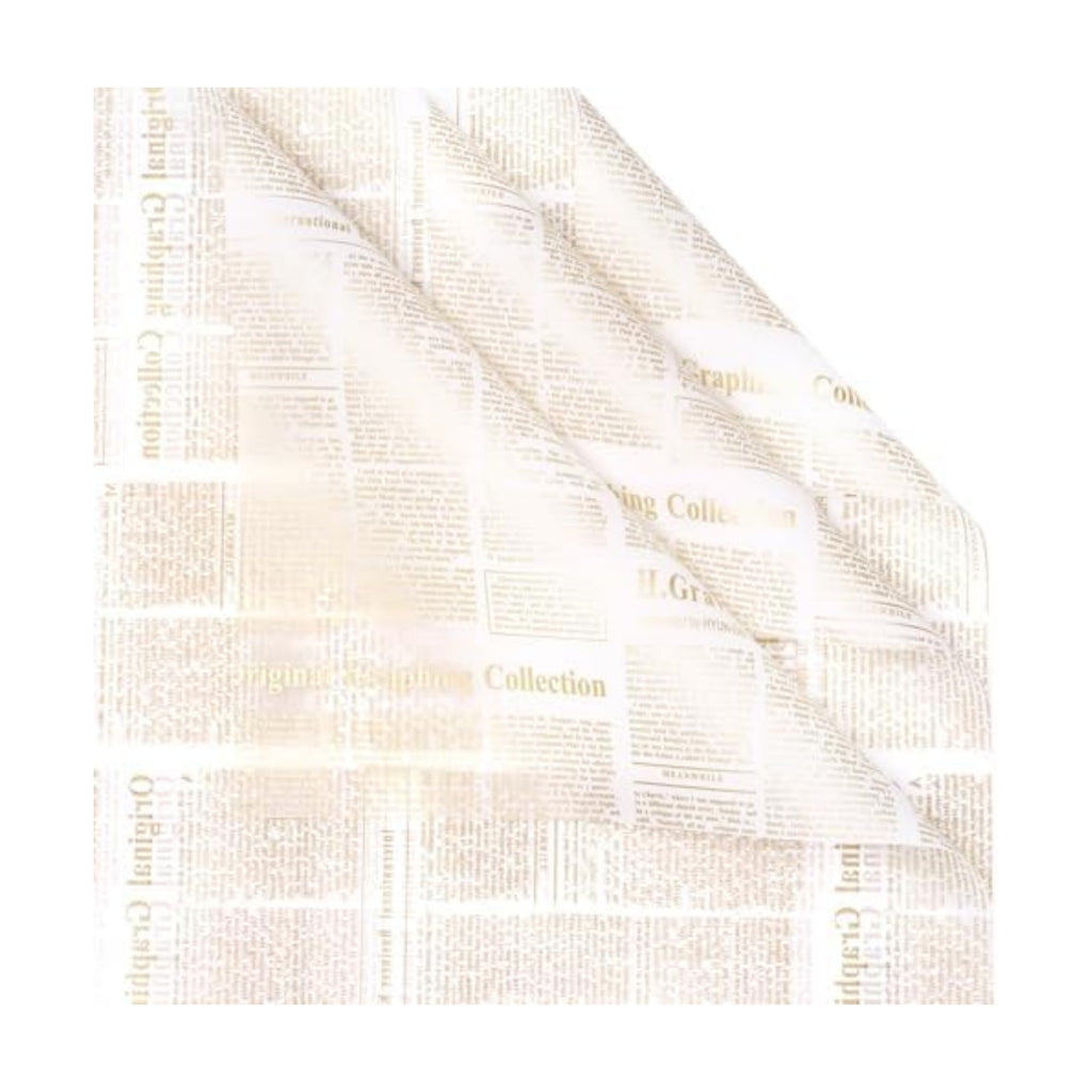 LeZakaa 20 Sheets Newsprint Flower Wrapping Paper, Waterproof Floral Bouquet Paper, White & Gold Newsprint Design for Valentine's Day, Mother's Day, Birthday Party, Bridal Shower, Wedding, Baby Shower
