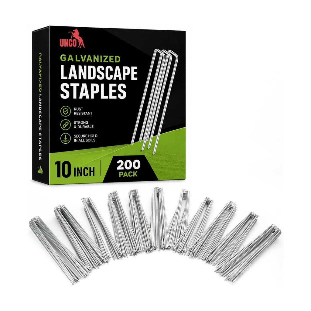 UNCO- Galvanized Landscape Staples, 10 Inch, 200 Pack, Garden Staples, U-Shaped Landscape Pins for Weed Barrier Cover