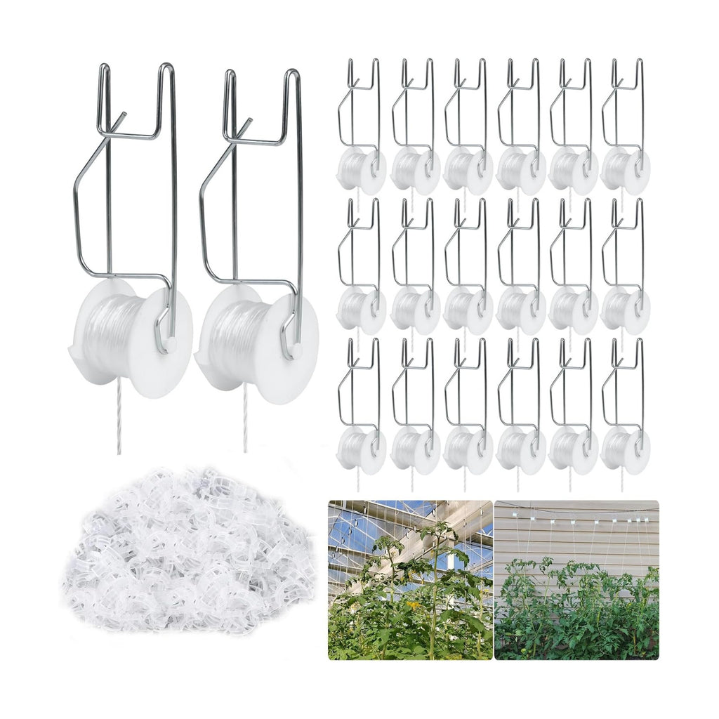 Tomato Support Hooks with String 20 Pcs,100 Pcs Plant Support Clips for Climbing Plants,Tomato Trellis Roller Hooks