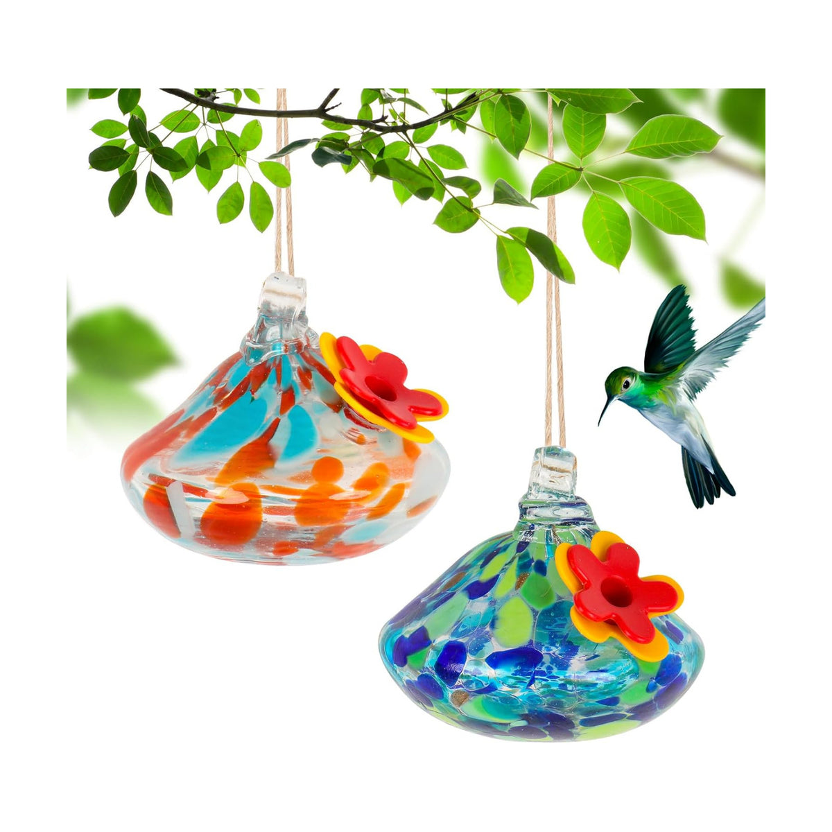 2 Pcs Blown Glass Hummingbird Feeder for Outdoors Hanging
