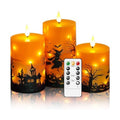 Sasigeiaa Halloween Flameless Candles with Remote - Orange LED Candles & String Lights, Battery Operated Set of 3 (D3 x H4/5"/6") for Window Decor, Halloween Decoration,Living Room Decoration