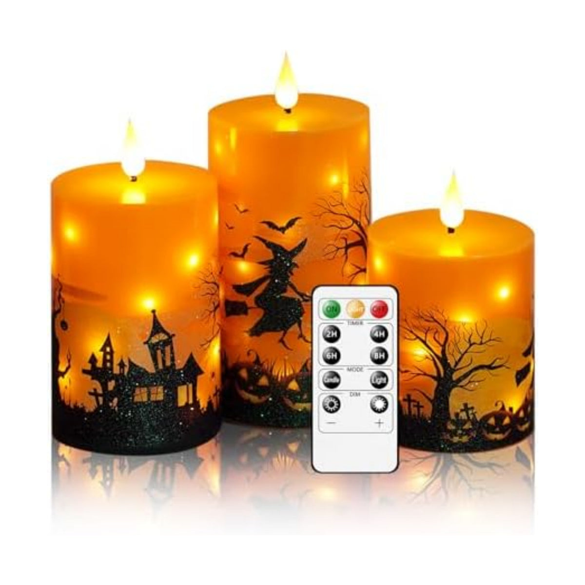 Sasigeiaa Halloween Flameless Candles with Remote - Orange LED Candles & String Lights, Battery Operated Set of 3 (D3 x H4/5"/6") for Window Decor, Halloween Decoration,Living Room Decoration