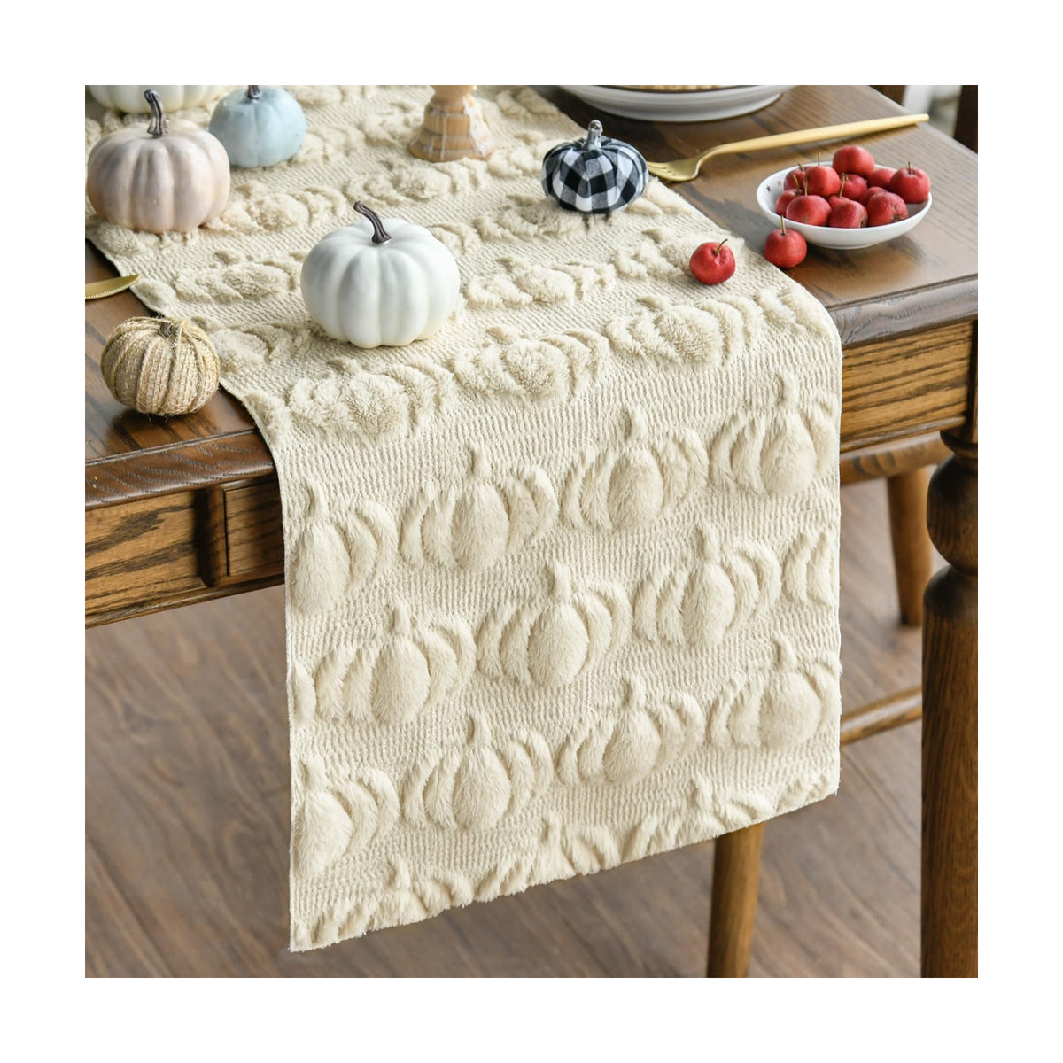 Artoid Mode Beige Soft Faux Fur Pumpkins Fall Table Runner 13x72 Inch