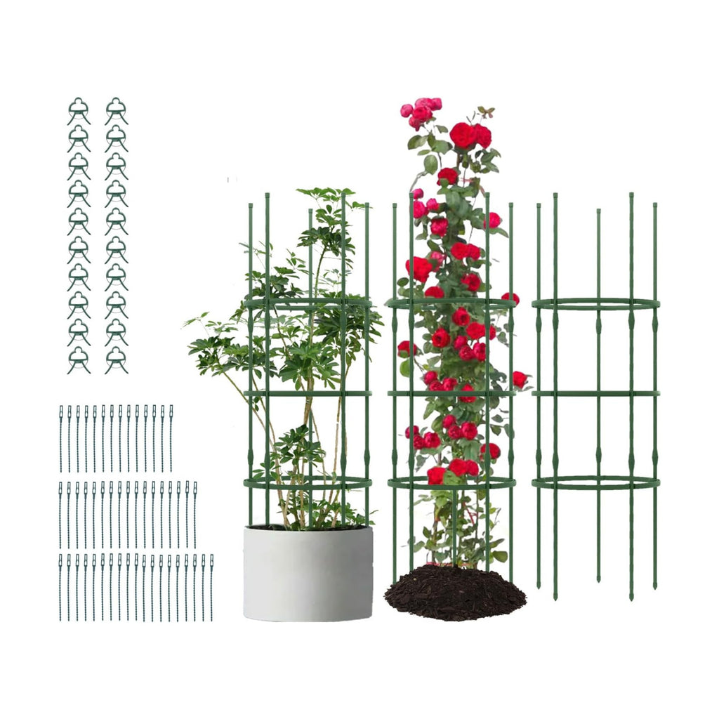 Happygrill 3 Pack Plant Cages and Supports, 60 inch Tall Adjustable Tomato Cage w/Clips & Ties, Heavy-Duty Garden