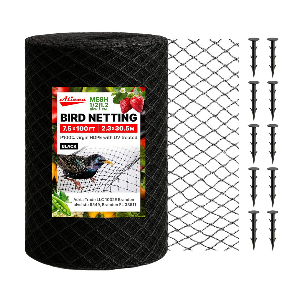 ATICCA Heavy Duty Bird Netting for Garden Protection & Fruit Trees, 7.5x100 Ft with 10 Stakes – Black Anti-Bird Net for
