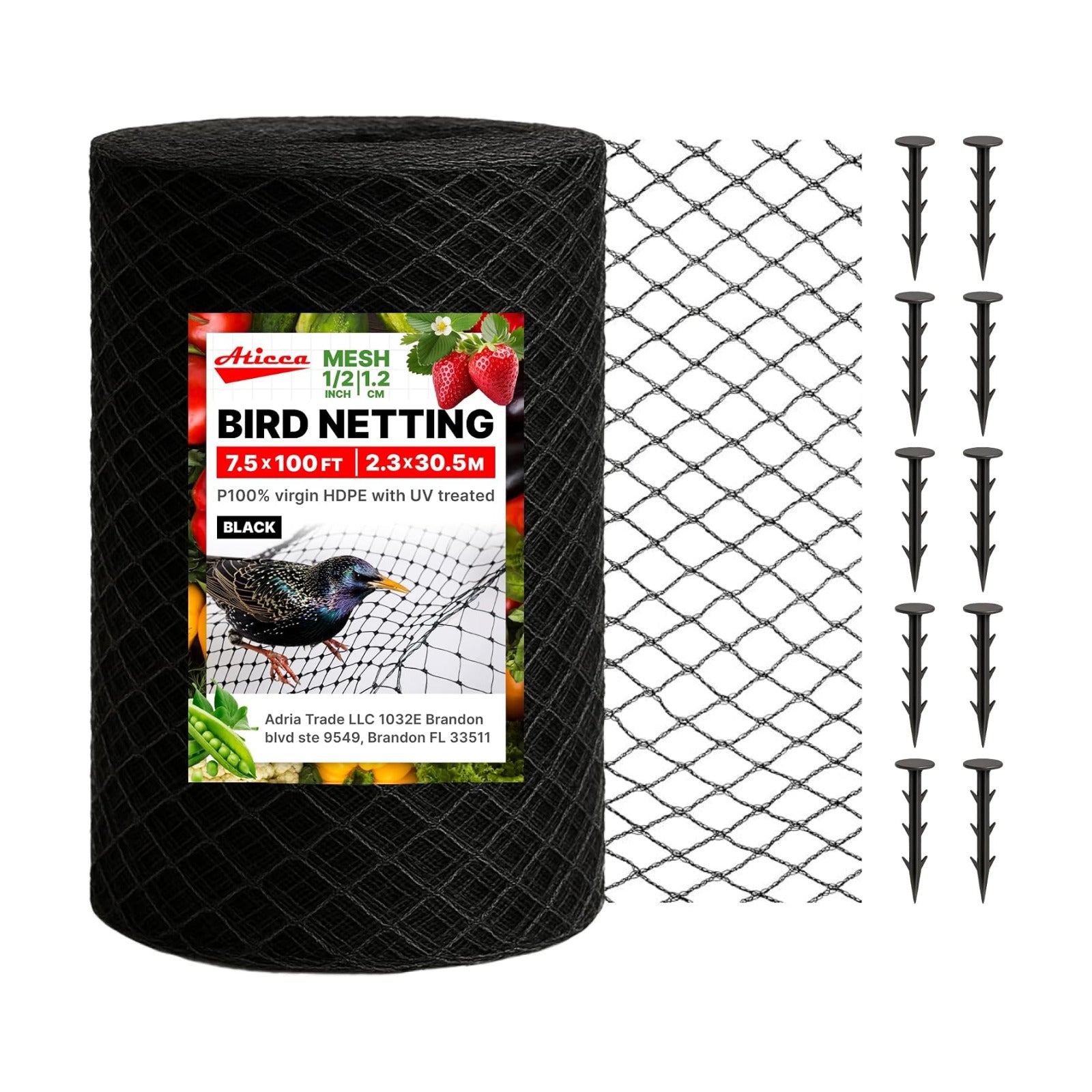 ATICCA Heavy Duty Bird Netting for Garden Protection & Fruit Trees, 7.5x100 Ft with 10 Stakes – Black Anti-Bird Net for