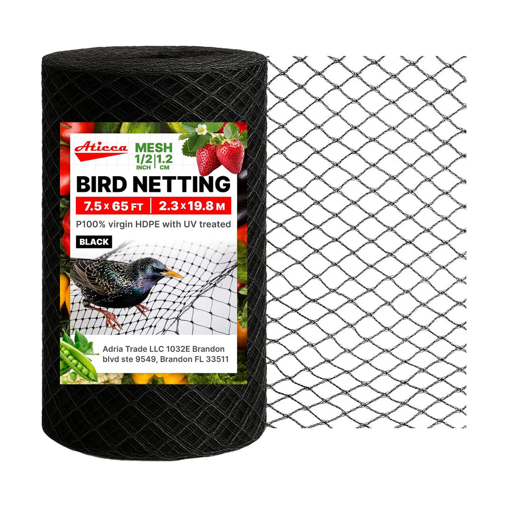 ATICCA Heavy Duty Bird Netting for Garden Protection & Fruit Trees, 7.5x65 Ft with 10 Stakes – Black Anti-Bird Net for