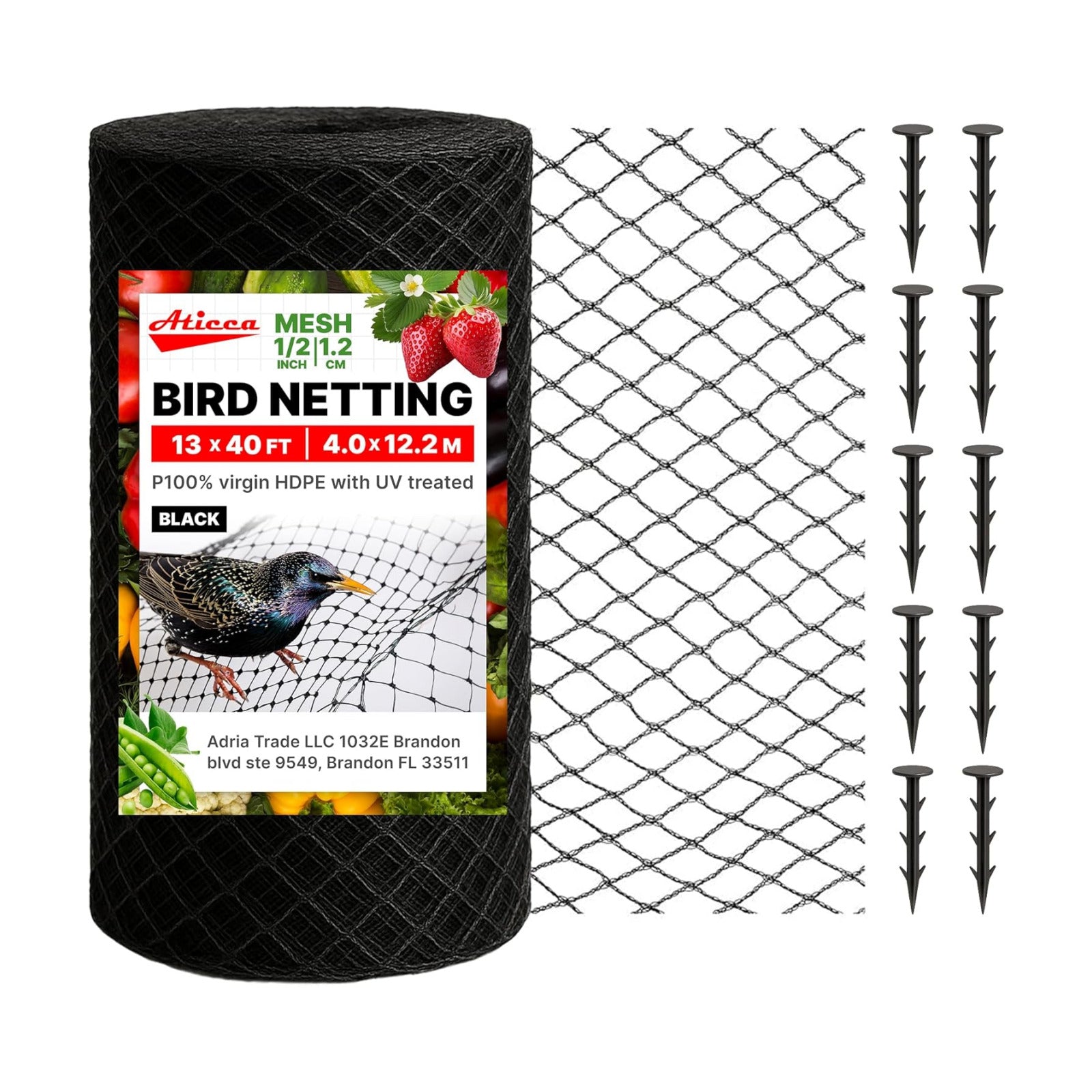 ATICCA Heavy Duty Bird Netting for Garden Protection & Fruit Trees, 13x40 Ft with 10 Stakes – Black Anti-Bird Net for