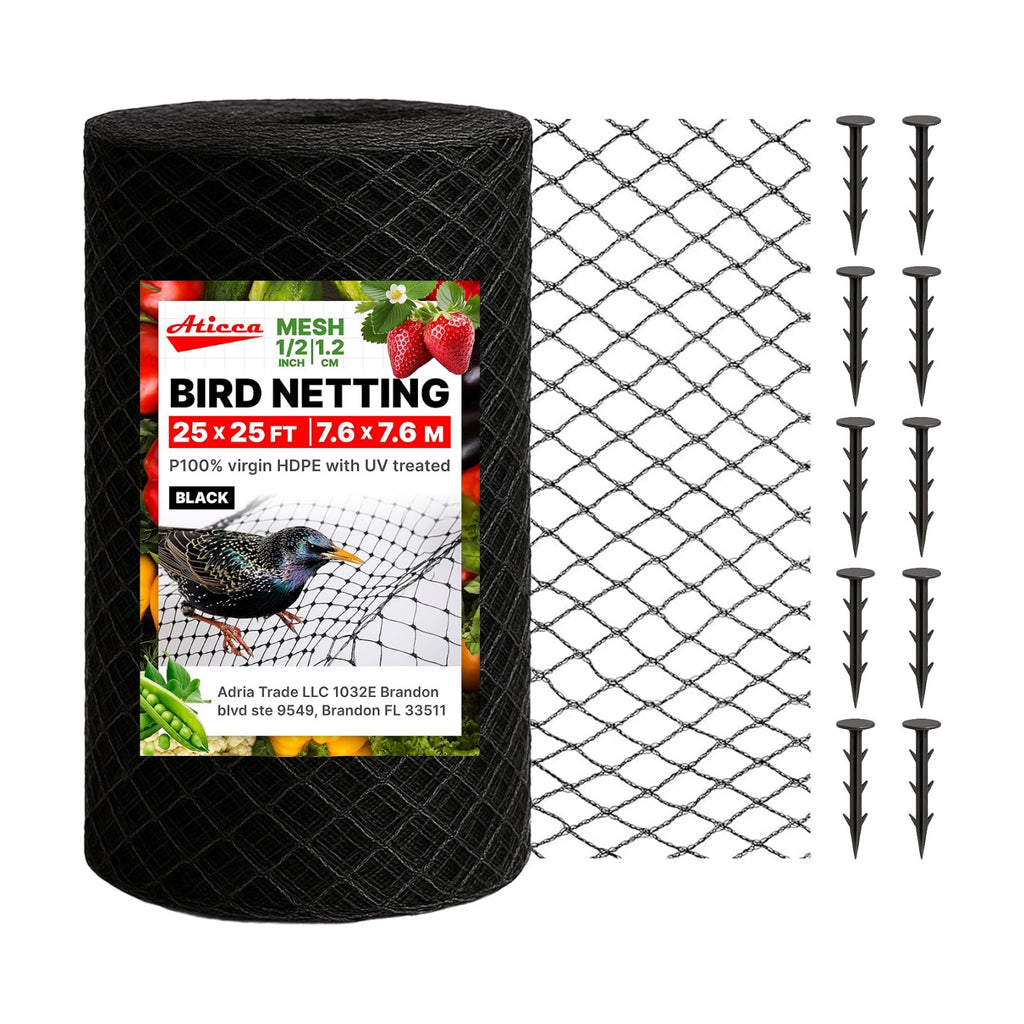 ATICCA Heavy Duty Bird Netting for Garden Protection & Fruit Trees, 25x25 Ft with 10 Stakes – Black Anti-Bird Net for