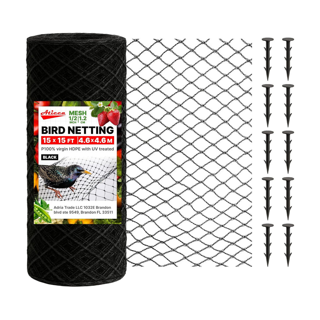 ATICCA Heavy Duty Bird Netting for Garden Protection & Fruit Trees, 15x15 Ft with 10 Stakes – Black Anti-Bird Net for