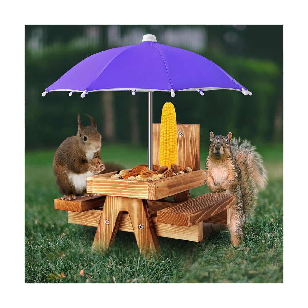 Gnodary Squirrel Feeder with Umbrella, Squirrel Feeders for Outside, Squirrel Picnic Table Feeder - Chipmunk Feeder Hold Corn, Corn Cob, Peanuts (Dark Purple)