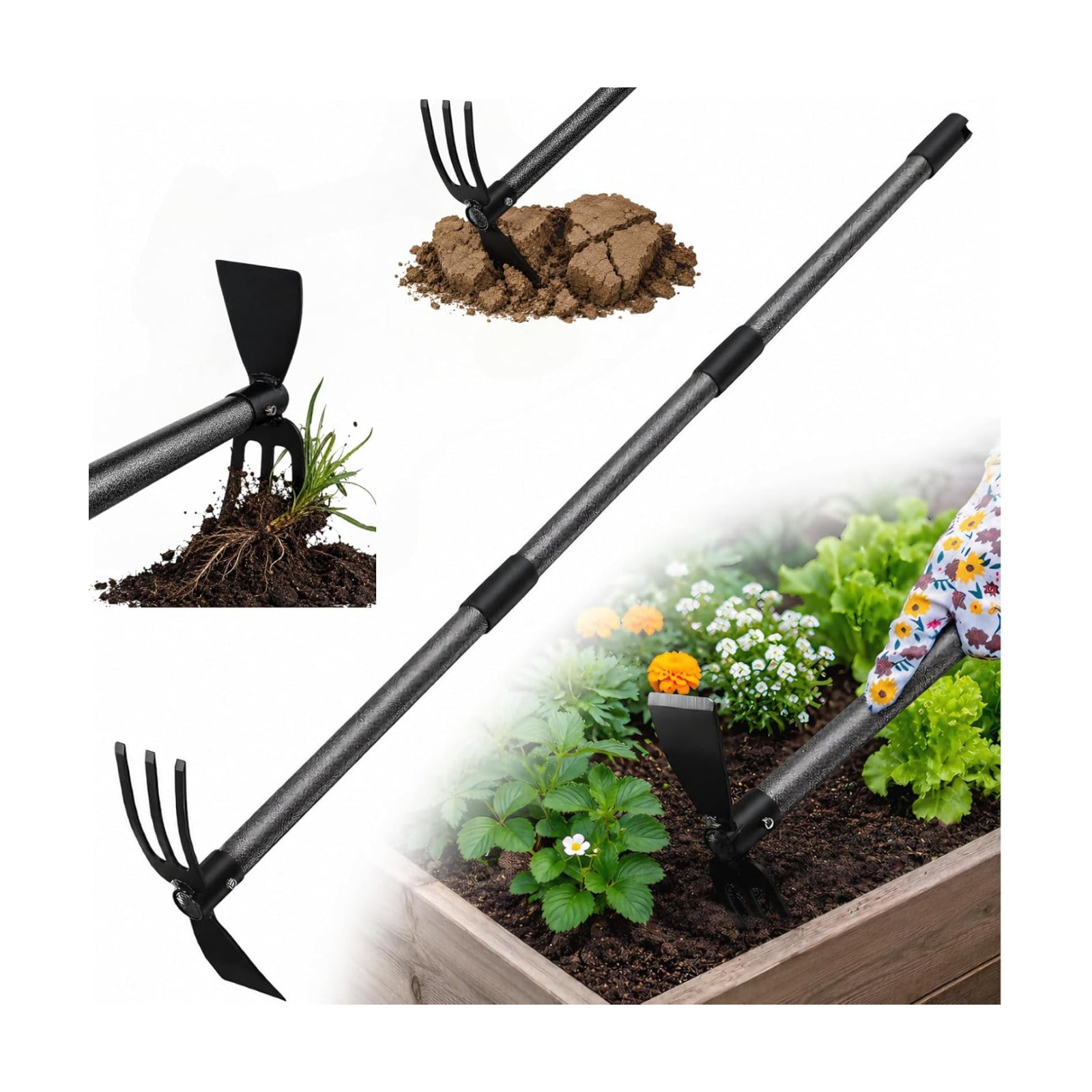 Garden Hoe with 3-Tine Cultivator Rake, 2-In-1 Carbon Steel Sharp Weeding Tool with 60 " Long Handle For Weed Removal