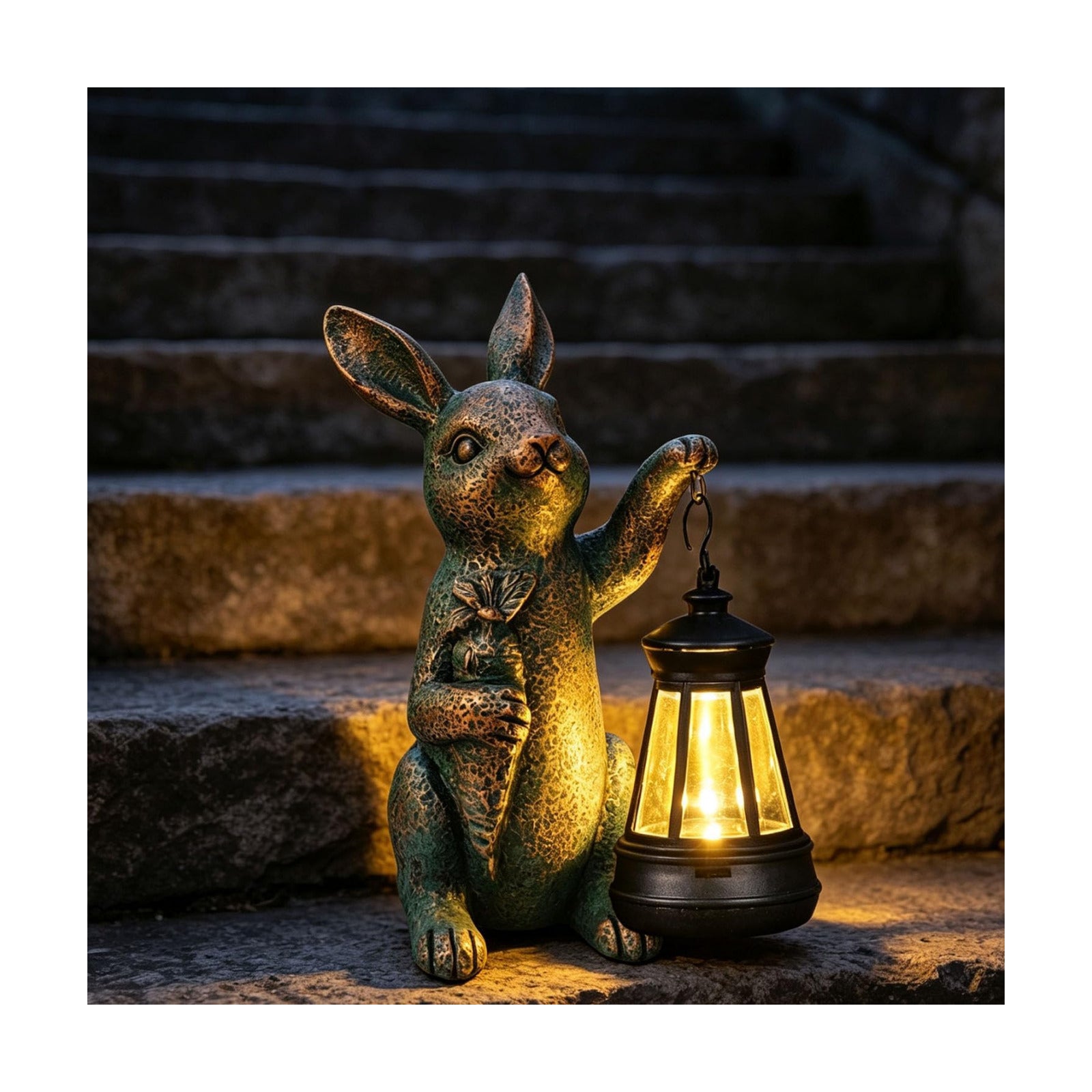 Solar Garden Statues -Rabbit Lantern Outdoor Handmade Resin Statue with LED Light, Cute Carrot Holder for Patio, Yard