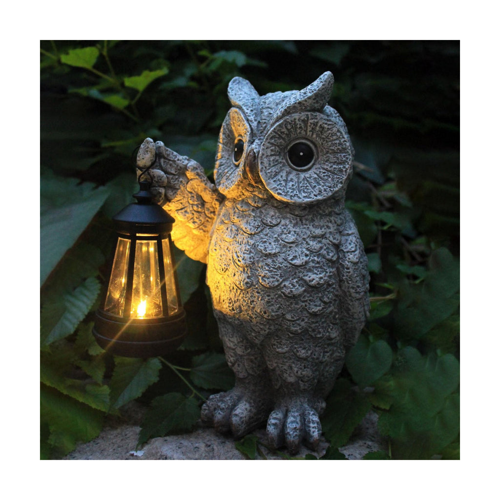 Solar Owl Garden Statue with LED Lantern, Waterproof Outdoor Resin Figurine (Grey Owl)