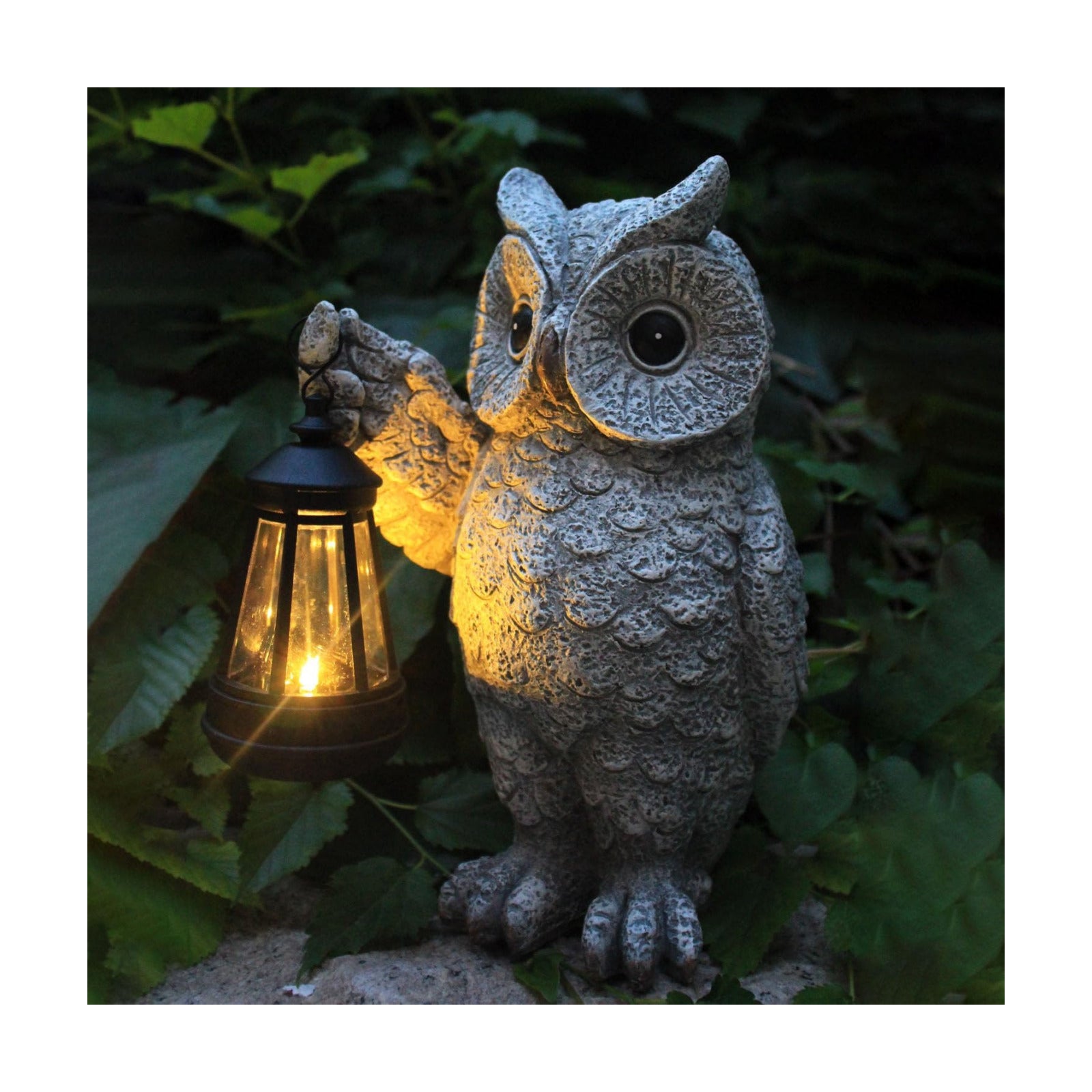 Solar Owl Garden Statue with LED Lantern, Waterproof Outdoor Resin Figurine (Grey Owl)