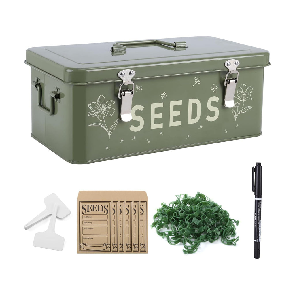 Seed Storage Organizer with Lid, Metal Seed Bin Seed Packet Container | 100 Plant Labels, 50 Seed Envelopes, 50 Plant