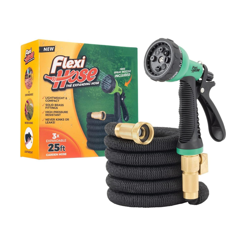 Flexi Hose with 8 Function Nozzle, 25FT - Lightweight Expandable Garden Hose, No-Kink Flexibility, 3/4 Inch Solid Brass