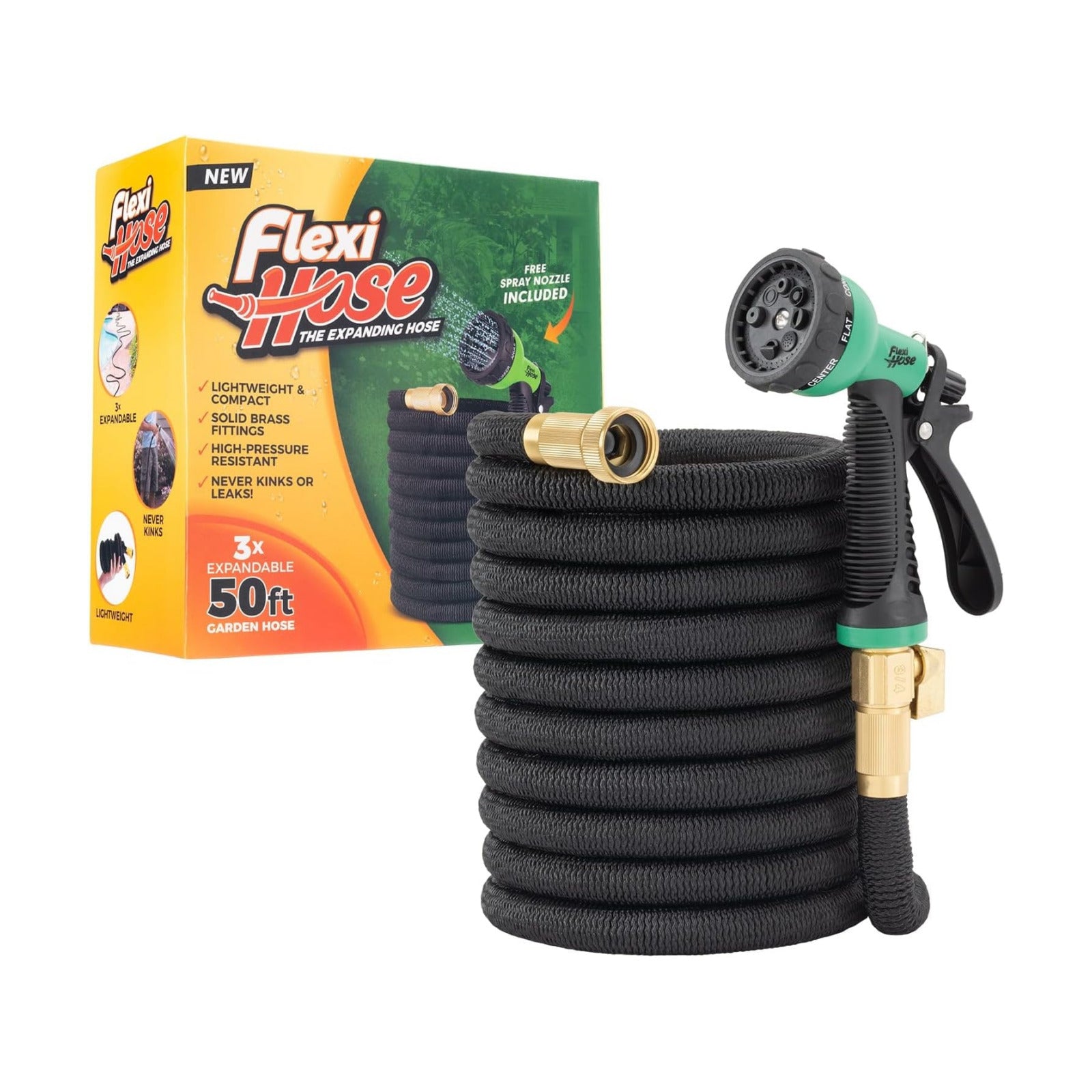 Flexi Hose with 8 Function Nozzle, 50FT - Lightweight Expandable Garden Hose, No-Kink Flexibility, 3/4 Inch Solid Brass