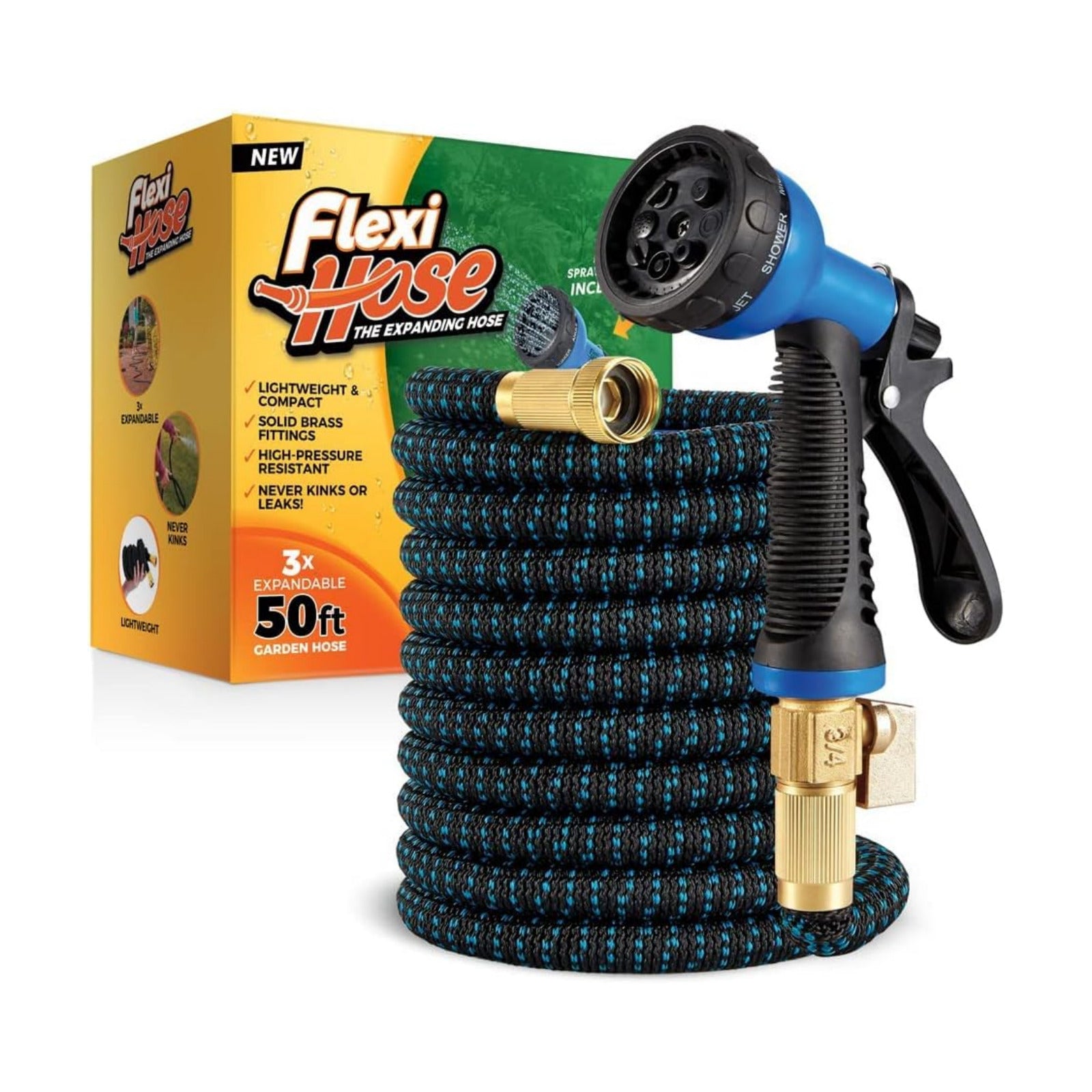 Flexi Hose Expandable Garden Hose with 8 Function Nozzle, 50FT - Lightweight Retractable Garden Hose, Water Hose