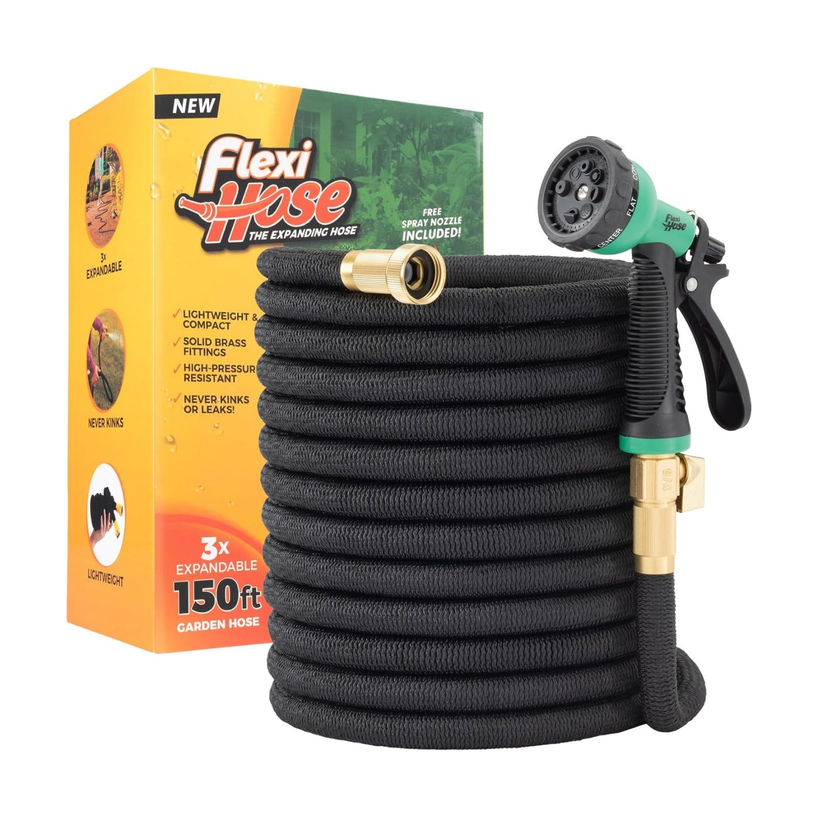 Flexi Hose with 8 Function Nozzle, 150FT - Lightweight Expandable Garden Hose, No-Kink Flexibility, 3/4 Inch Solid