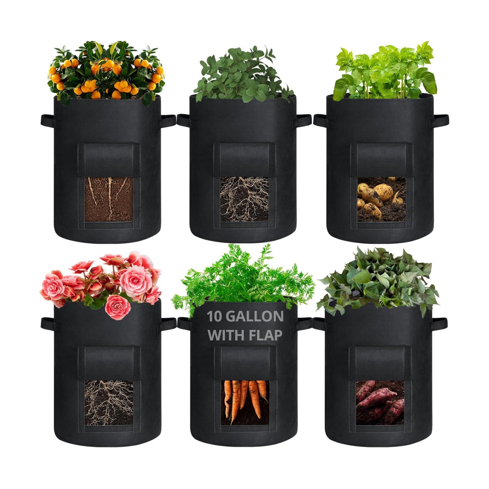 GOTGELIF 6 Pack 10 Gallon Potato Grow Bags with Flap, Thickened Nonwoven Fabric Grow Bags for Growing Potatoes