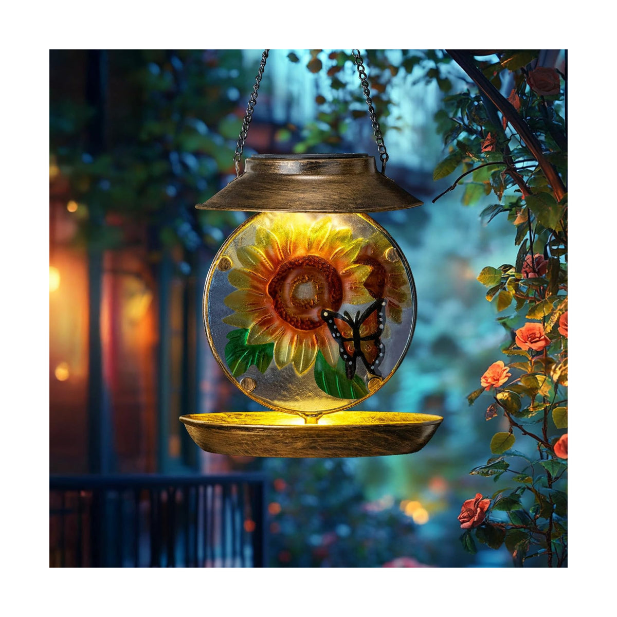 Solar Bird Feeders for Outdoors Hanging, Solar Sunflower Bird Feeder with Led Light Waterproof Metal Birdfeeders Outside Hanging Decorative for Outdoor Garden Yard Patio Backyard