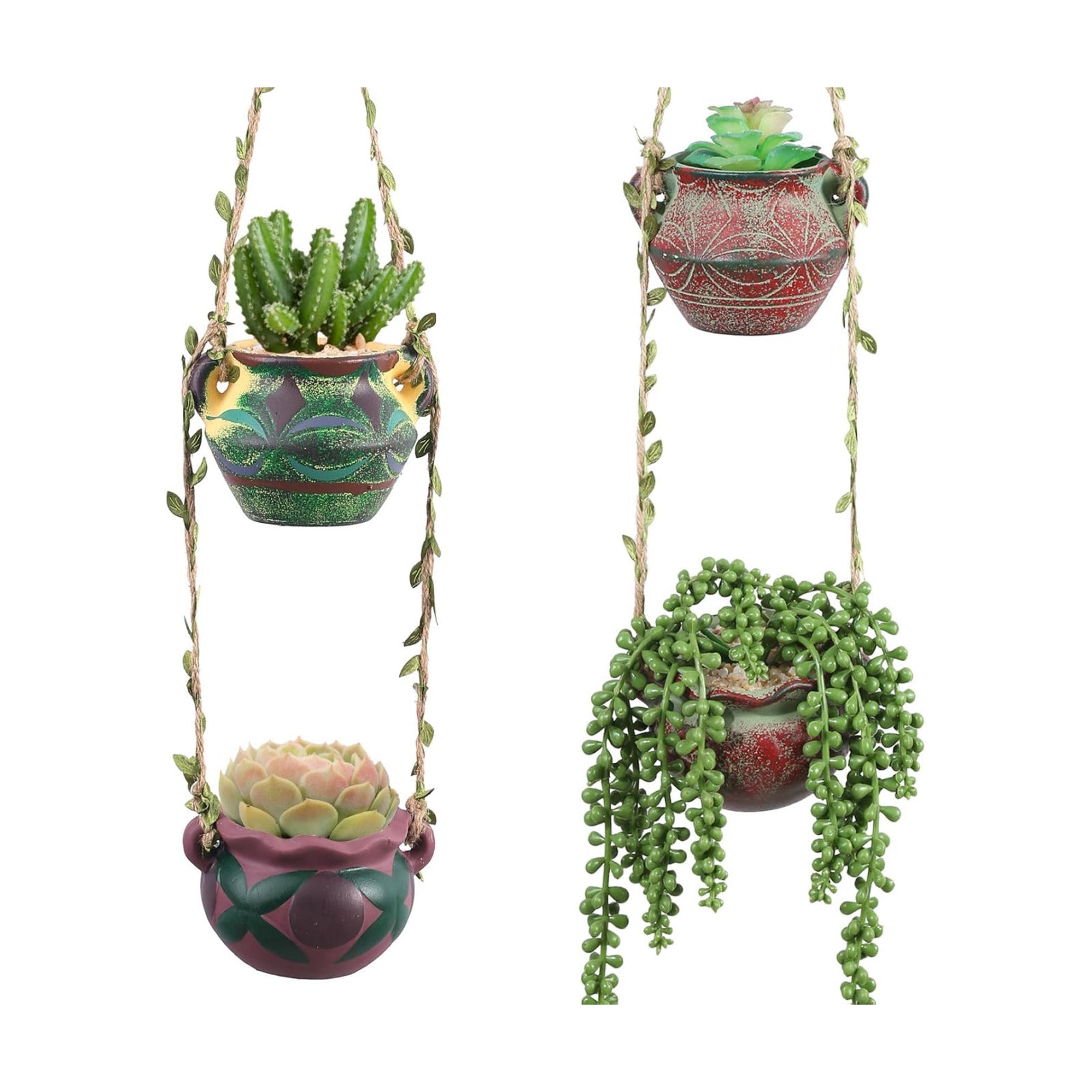 4 Piece Boho Ceramic Hanging Planters with Drainage Holes – Adorable Indoor Outdoor Succulent Flower Pots, Unique Home