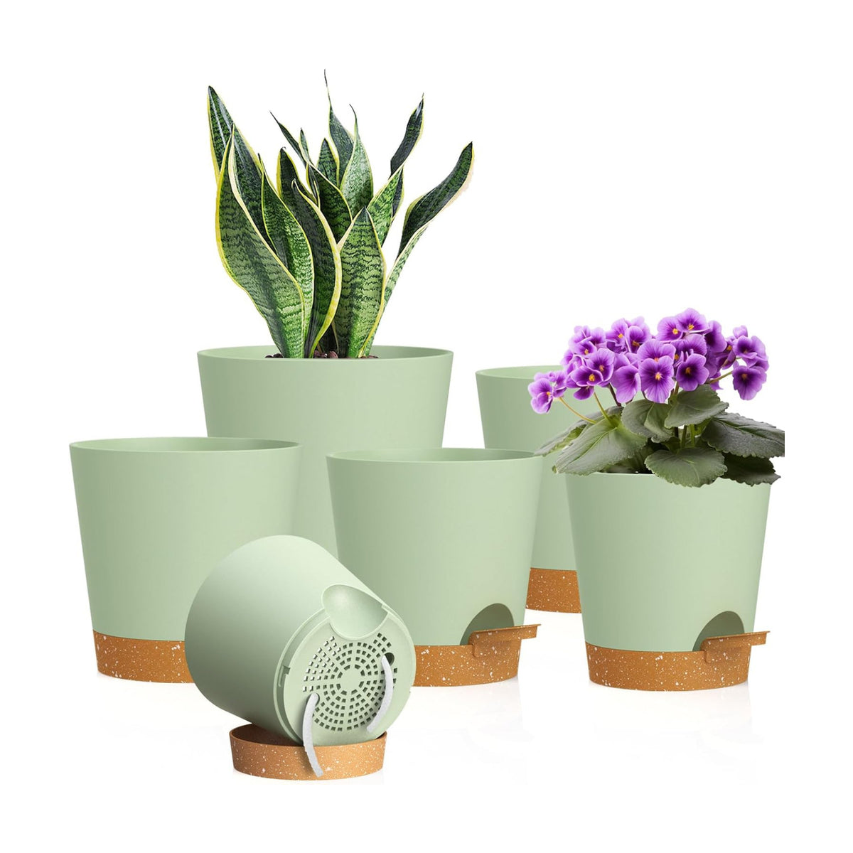 WSMKSZ 7/6.5/6/5.5/5/4 inch Self Watering Pots for Indoor Outdoor Plants, 6 Pack Plastic Flower Planters with Drainage Holes and Removable Saucers, Plant Pots with Wicking Rope, Green Brown