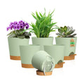 WSMKSZ 4 inch Self Watering Pots for Indoor Outdoor Plants, 6 Pack Plastic Flower Planters with Drainage Holes and Removable Saucers, Plant Pots with Wicking Rope, Modern Decor, Green Brown