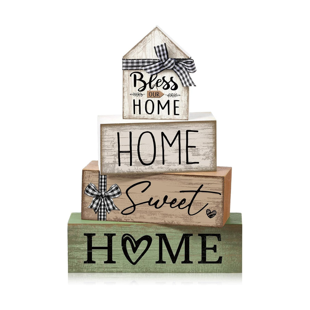 Moucuny 4 Pcs Wooden Farmhouse Table Decor Rustic Home Sweet Home Stacked Blocks Decoration Farmhouse Tiered Tray Decor Decorative Eucalyptus Block Signs Bless Gift for Kitchen Shelf Coffee Table