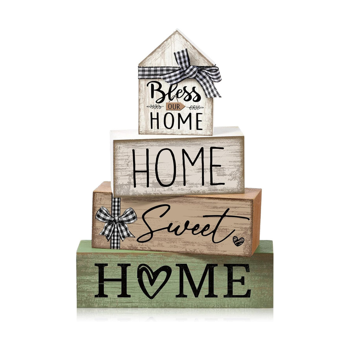 Moucuny 4 Pcs Wooden Farmhouse Table Decor Rustic Home Sweet Home Stacked Blocks Decoration Farmhouse Tiered Tray Decor Decorative Eucalyptus Block Signs Bless Gift for Kitchen Shelf Coffee Table