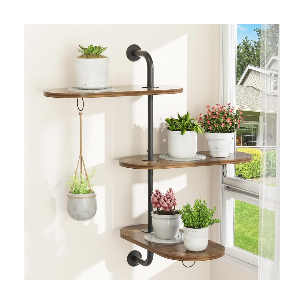 Rotating Window Plant Shelves with 3 Anti-slip Mats, 3 Tier Plant Stand Indoor Outdoor, Wooden Window Plant Shelf with