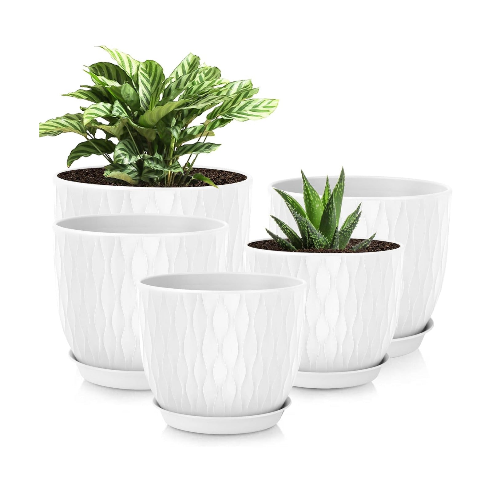 Plastic Plant Pots 10/9/8/7.5/7 inch Set of 5, Flower Planters with Drainage Holes and Saucers, Plastic Pots for Indoor