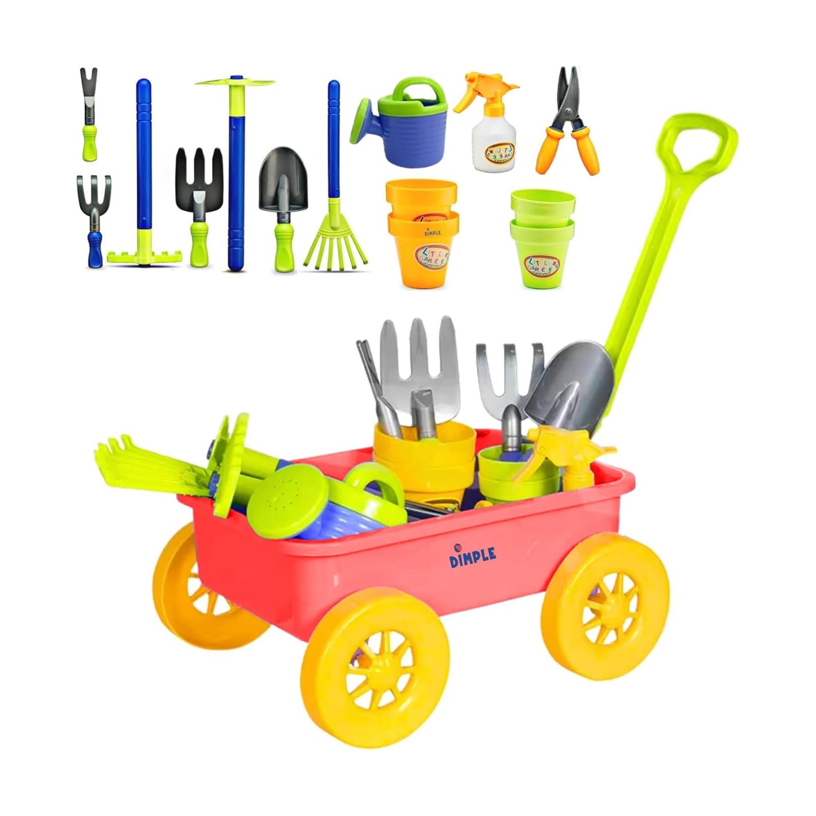 Dimple Red Garden Wagon & Tools Toy Set, 15 Pc Kids Gardening Play Set | Kids Gardening Tools, Premium Wagon Toy Set