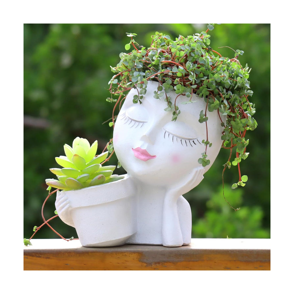 Face Planter Pot, 2-in-1 Resin Head Planter with Mini Pot, Cute Lady Flower Pots with Drainage for Indoor Outdoor