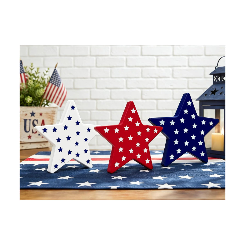 4th of July Table Decorations 3 PCS, Fourth of July Red White Blue Wooden Star Decor Centerpiece for Indoor Home, 250th Anniversary Memorial Day Patriotic Gift Sign for Mantel Office Tiered Tray Party